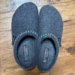 Haflinger Charcoal Felt Slip-Ons with Red & Green Trim